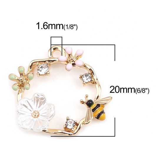Picture of Zinc Based Alloy Insect Charms Circle Ring Gold Plated Multicolor Bee Acrylic Imitation Pearl Clear Rhinestone 20mm x 20mm, 10 PCs