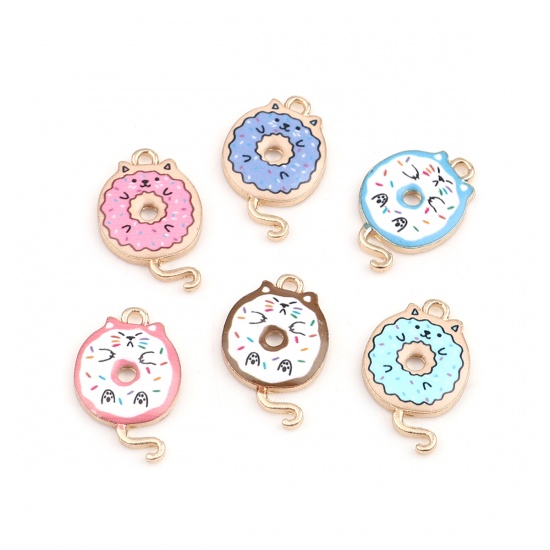 Picture of Zinc Based Alloy Charms Cat Animal Gold Plated White & Blue 20mm x 13mm, 10 PCs