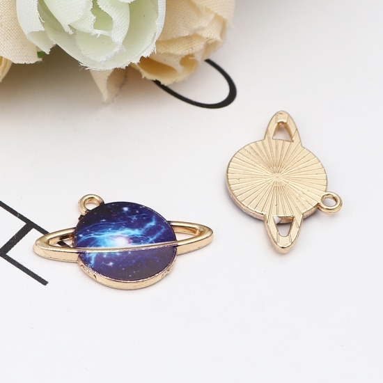 Picture of Zinc Based Alloy Galaxy Charms Planet Gold Plated Deep Blue Enamel 24mm x 16mm, 10 PCs