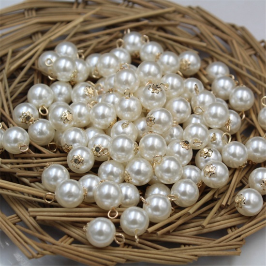 Picture of Resin Charms Round Creamy-White Imitation Pearl 12mm Dia. 20 PCs