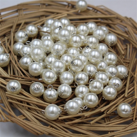 Picture of Resin Charms Round Creamy-White Imitation Pearl 12mm Dia. 20 PCs