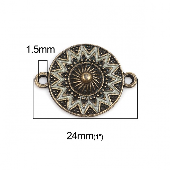 Immagine di Lega di Zinco Connettore Accessori Tondo Bronzo Antico Verde Chiaro Intagliato Disegno Smalto 24mm x 18mm, 10 Pz