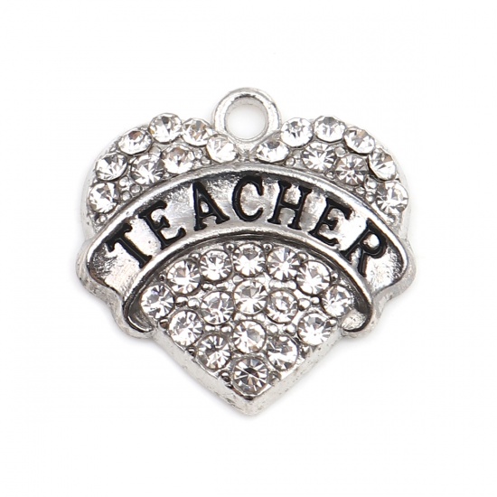 Picture of Zinc Based Alloy Charms Heart Silver Tone Message " Teacher " Clear Rhinestone 20mm x 20mm, 2 PCs