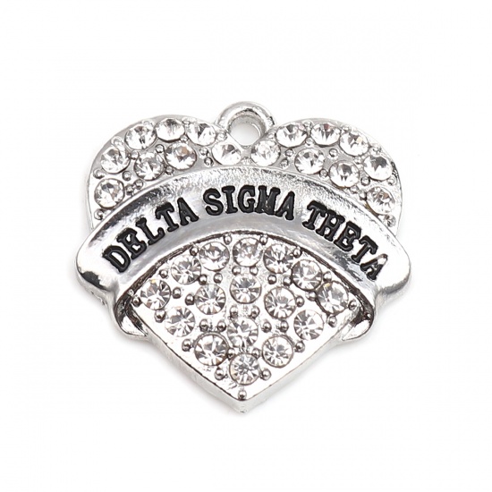 Picture of Zinc Based Alloy Charms Heart Silver Tone Message " DELTA SIGMA THBTA " Clear Rhinestone 23mm x 23mm, 2 PCs