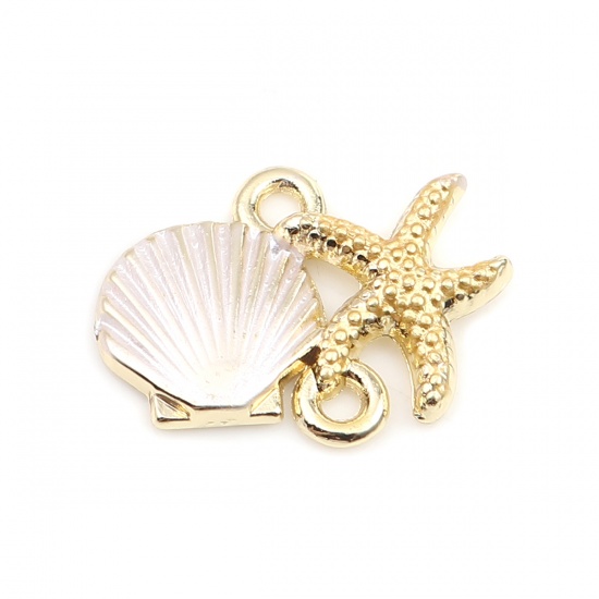 Picture of Zinc Based Alloy Ocean Jewelry Connectors Scallop Gold Plated White & Yellow Star Fish 18mm x 14mm, 10 PCs