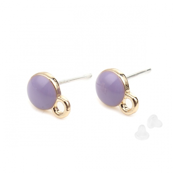 Picture of Zinc Based Alloy Ear Post Stud Earrings Findings Round Gold Plated Purple W/ Loop 9mm x 6mm, Post/ Wire Size: (21 gauge), 10 PCs