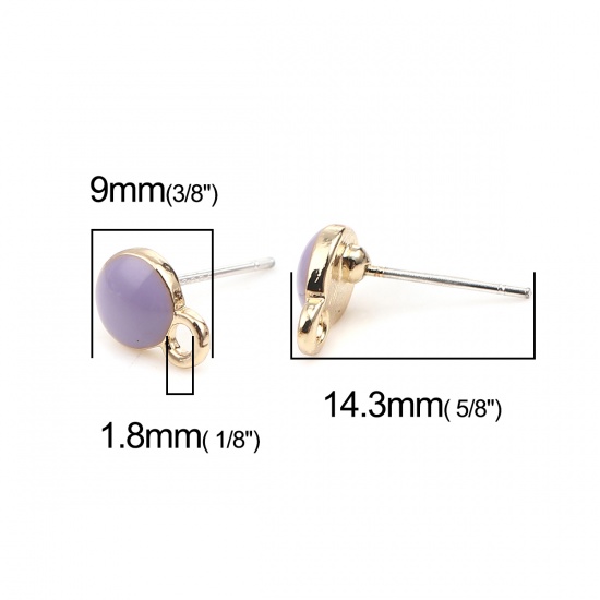 Picture of Zinc Based Alloy Ear Post Stud Earrings Findings Round Gold Plated Purple W/ Loop 9mm x 6mm, Post/ Wire Size: (21 gauge), 10 PCs