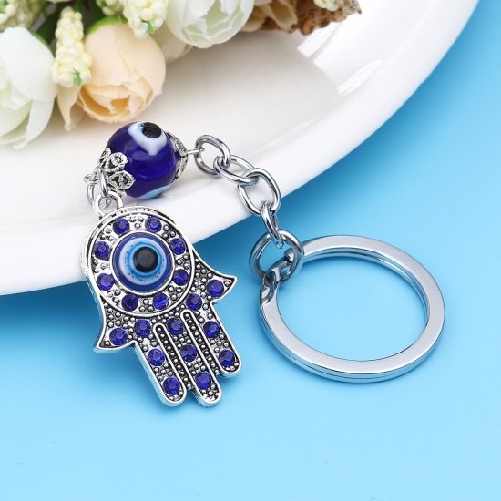 Immagine di Religione Anello Portachiavi Tono Argento Palmo Malocchio Blu Notte Strass 13cm x 3.3cm, 1 Pz