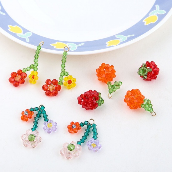 Picture of Zinc Based Alloy & Glass Charms Strawberry Fruit Red & Green 24mm x 18mm, 2 PCs