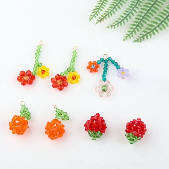 Picture of Zinc Based Alloy & Glass Charms Strawberry Fruit Red & Green 24mm x 18mm, 2 PCs
