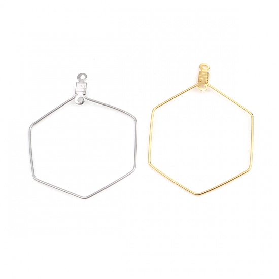 Picture of 304 Stainless Steel Earrings Hexagon Gold Plated 40mm x 30mm, 10 PCs