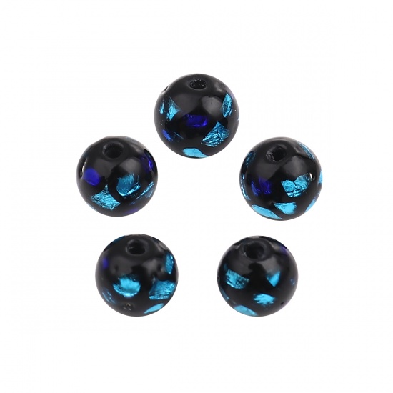 Picture of Lampwork Glass Beads Round Blue & Black About 8mm Dia, Hole: Approx 1.3mm, 5 PCs