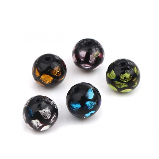 Picture of Lampwork Glass Beads Round Blue & Black About 8mm Dia, Hole: Approx 1.3mm, 5 PCs