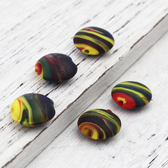 Picture of Lampwork Glass Beads Flat Round Multicolor Stripe About 15mm Dia, Hole: Approx 2mm, 10 PCs