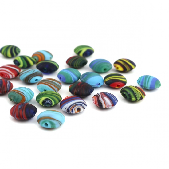 Picture of Lampwork Glass Beads Flat Round Multicolor Stripe About 15mm Dia, Hole: Approx 2mm, 10 PCs