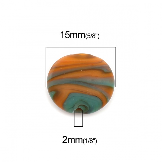 Picture of Lampwork Glass Beads Flat Round Green & Orange Stripe About 15mm Dia, Hole: Approx 2mm, 10 PCs
