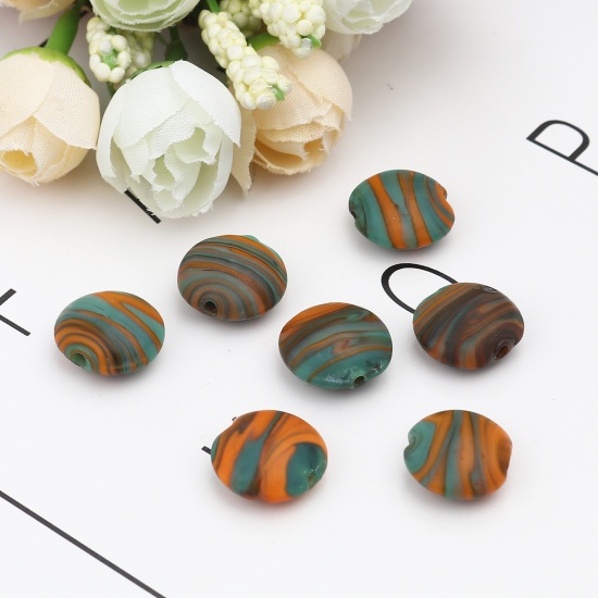 Picture of Lampwork Glass Beads Flat Round Green & Orange Stripe About 15mm Dia, Hole: Approx 2mm, 10 PCs