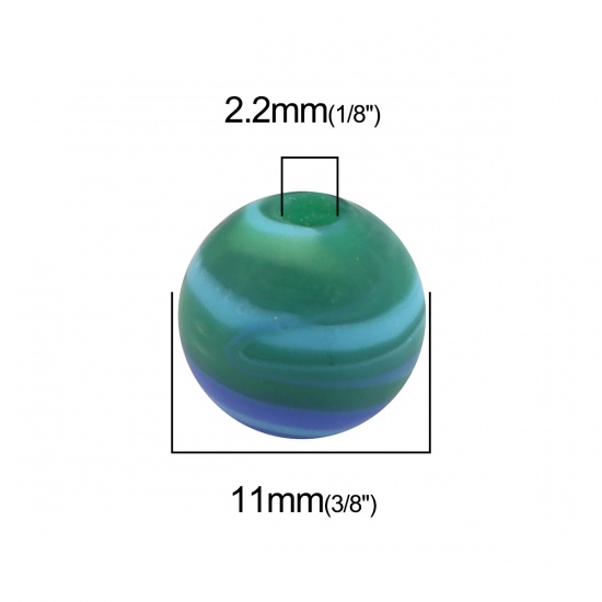 Picture of Lampwork Glass Beads Round Blue & Green Stripe About 11mm Dia, Hole: Approx 2.2mm, 10 PCs