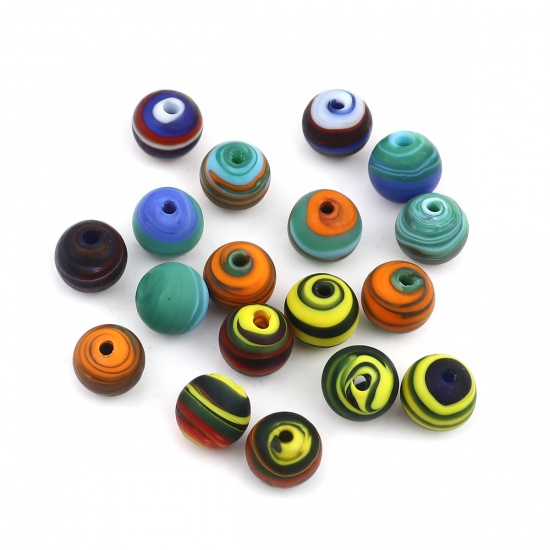Picture of Lampwork Glass Beads Round Blue & Green Stripe About 11mm Dia, Hole: Approx 2.2mm, 10 PCs