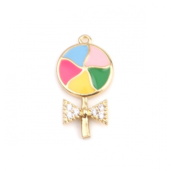 Picture of Brass Charms 18K Real Gold Plated Multicolor Lollipop Enamel Clear Rhinestone 20mm x 10mm, 50 PCs