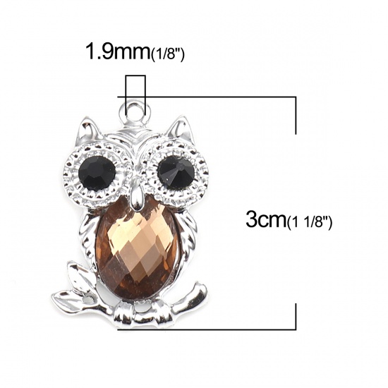 Picture of Zinc Based Alloy & Glass Halloween Pendants Silver Tone Light Brown Owl Animal Black Rhinestone 30mm x 20mm, 5 PCs