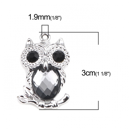 Picture of Zinc Based Alloy & Glass Halloween Pendants Silver Tone Steel Gray Owl Animal Black Rhinestone 30mm x 20mm, 5 PCs
