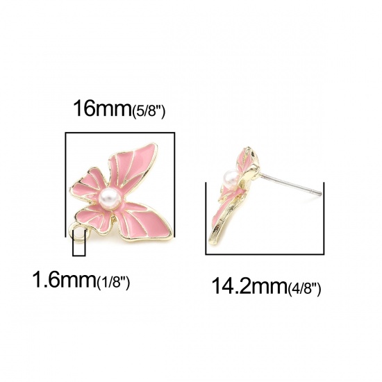 Picture of Zinc Based Alloy & Acrylic Insect Ear Post Stud Earrings Findings Butterfly Animal Gold Plated Peach Pink W/ Loop 16mm x 16mm, Post/ Wire Size: (21 gauge), 4 PCs