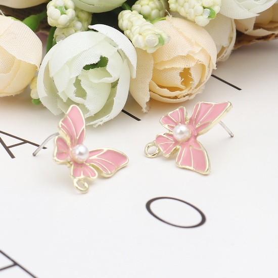 Picture of Zinc Based Alloy & Acrylic Insect Ear Post Stud Earrings Findings Butterfly Animal Gold Plated Peach Pink W/ Loop 16mm x 16mm, Post/ Wire Size: (21 gauge), 4 PCs