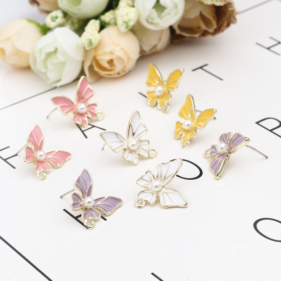 Picture of Zinc Based Alloy & Acrylic Insect Ear Post Stud Earrings Findings Butterfly Animal Gold Plated Peach Pink W/ Loop 16mm x 16mm, Post/ Wire Size: (21 gauge), 4 PCs