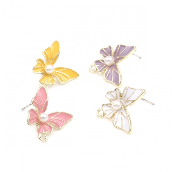 Picture of Zinc Based Alloy & Acrylic Insect Ear Post Stud Earrings Findings Butterfly Animal Gold Plated Peach Pink W/ Loop 16mm x 16mm, Post/ Wire Size: (21 gauge), 4 PCs