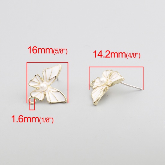 Picture of Zinc Based Alloy & Acrylic Insect Ear Post Stud Earrings Findings Butterfly Animal Gold Plated White W/ Loop 16mm x 16mm, Post/ Wire Size: (21 gauge), 4 PCs