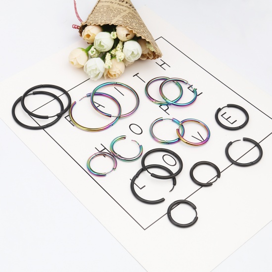 Picture of 304 Stainless Steel Hoop Earrings Rainbow Color Plated Circle Ring 26mm Dia., Post/ Wire Size: (19 gauge), 1 Pair