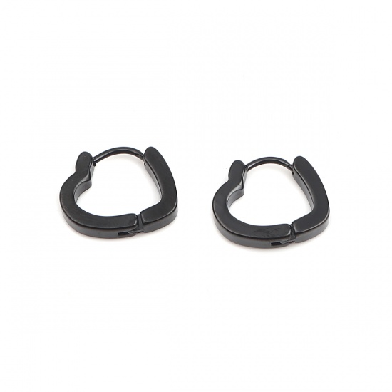 Picture of 304 Stainless Steel Hoop Earrings Black Heart 14mm x 14mm, Post/ Wire Size: (19 gauge), 1 Pair