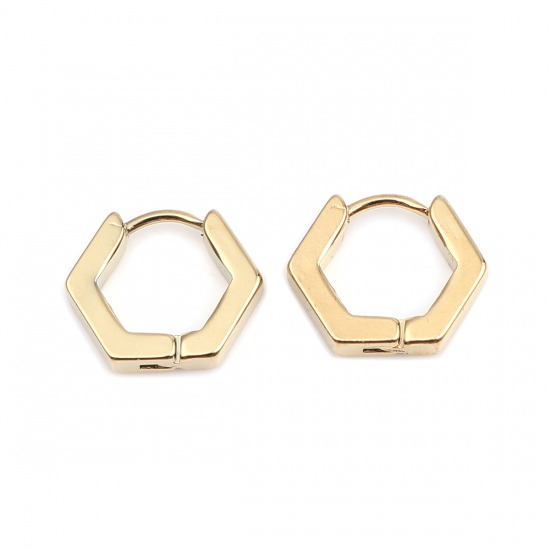 Picture of 304 Stainless Steel Hoop Earrings Gold Plated Hexagon 15mm x 12mm, Post/ Wire Size: (19 gauge), 1 Pair