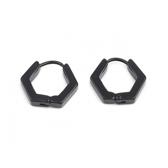 Imagen de 304 Acero Inoxidable Pendientes Círculos Negro Hexágono 15mm x 12mm, Post/ Wire Size: (19 gauge), 1 Par