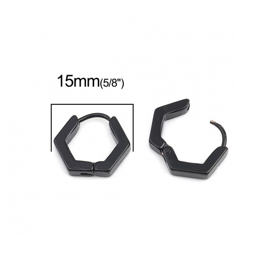 Imagen de 304 Acero Inoxidable Pendientes Círculos Negro Hexágono 15mm x 12mm, Post/ Wire Size: (19 gauge), 1 Par