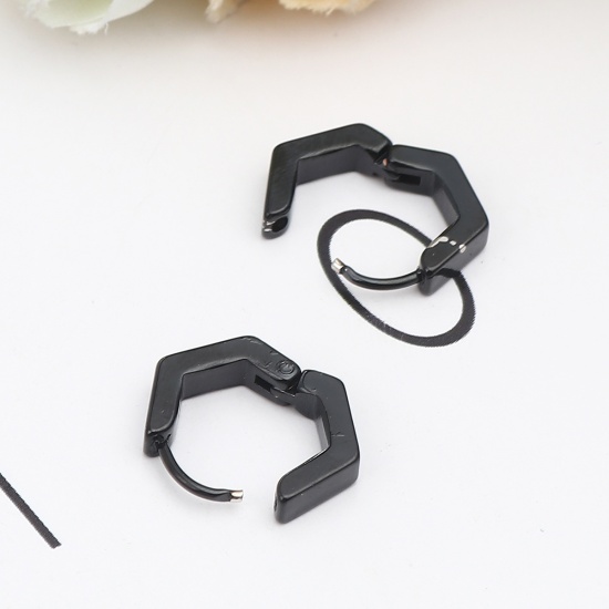 Imagen de 304 Acero Inoxidable Pendientes Círculos Negro Hexágono 15mm x 12mm, Post/ Wire Size: (19 gauge), 1 Par