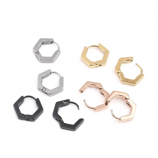 Imagen de 304 Acero Inoxidable Pendientes Círculos Negro Hexágono 15mm x 12mm, Post/ Wire Size: (19 gauge), 1 Par