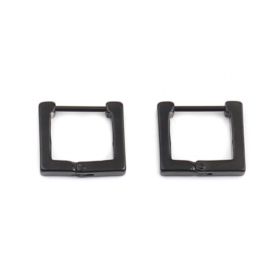 Picture of 304 Stainless Steel Hoop Earrings Black Rectangle 15mm x 13mm, Post/ Wire Size: (19 gauge), 1 Pair