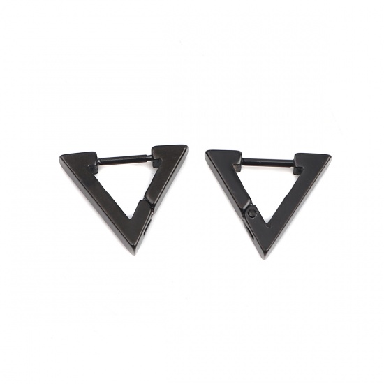 Picture of 304 Stainless Steel Hoop Earrings Black Triangle 16mm x 14mm, Post/ Wire Size: (19 gauge), 1 Pair