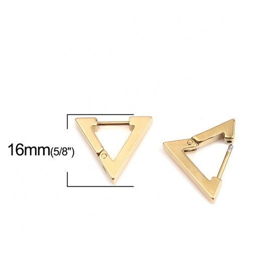 Imagen de 304 Acero Inoxidable Pendientes Círculos Chapado en Oro Triángulo 16mm x 14mm, Post/ Wire Size: (19 gauge), 1 Par