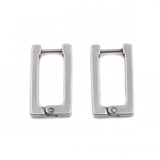 Picture of 304 Stainless Steel Hoop Earrings Silver Tone Rectangle 20mm x 11mm, Post/ Wire Size: (19 gauge), 1 Pair