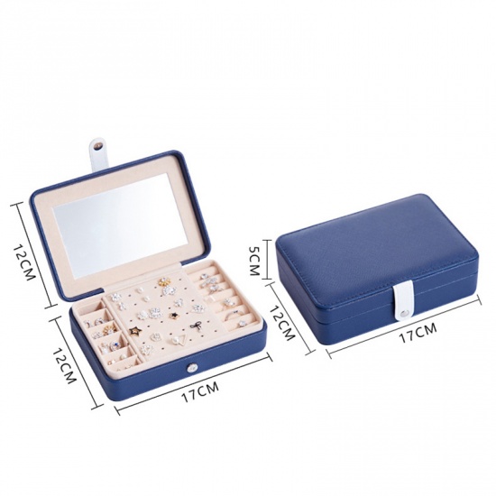 Picture of Deep Blue - Rectangle PU Leather Jewelry Box Storage Box Ring Display Lady Case Portable Jewelry Organizer for Necklaces with Hook