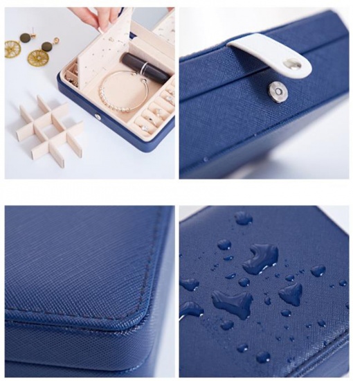 Picture of Deep Blue - Rectangle PU Leather Jewelry Box Storage Box Ring Display Lady Case Portable Jewelry Organizer for Necklaces with Hook