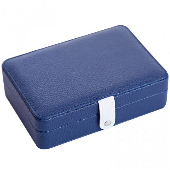 Immagine di Deep Blue - Rectangle PU Leather Jewelry Box Storage Box Ring Display Lady Case Portable Jewelry Organizer for Necklaces with Hook