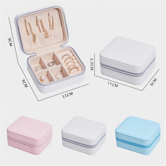 Immagine di White - Rectangle PU Leather Jewelry Box Storage Box Ring Display Lady Case Portable Jewelry Organizer for Necklaces