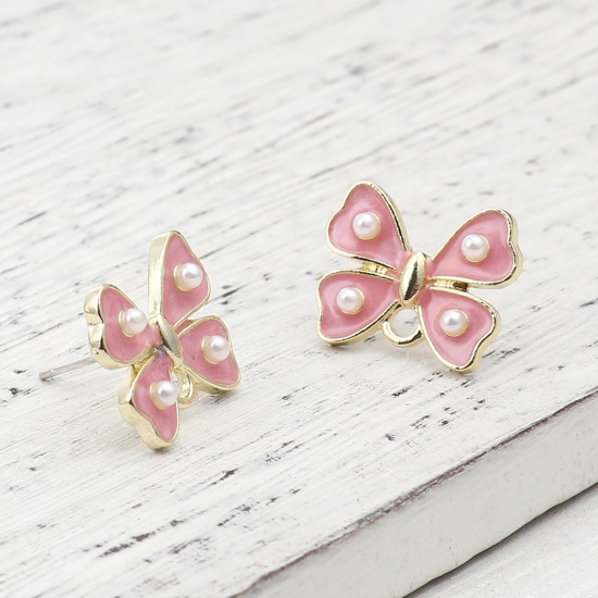 Picture of Zinc Based Alloy & Acrylic Ear Post Stud Earrings Findings Bowknot Gold Plated White & Pink W/ Loop 17mm x 14mm, Post/ Wire Size: (21 gauge), 4 PCs