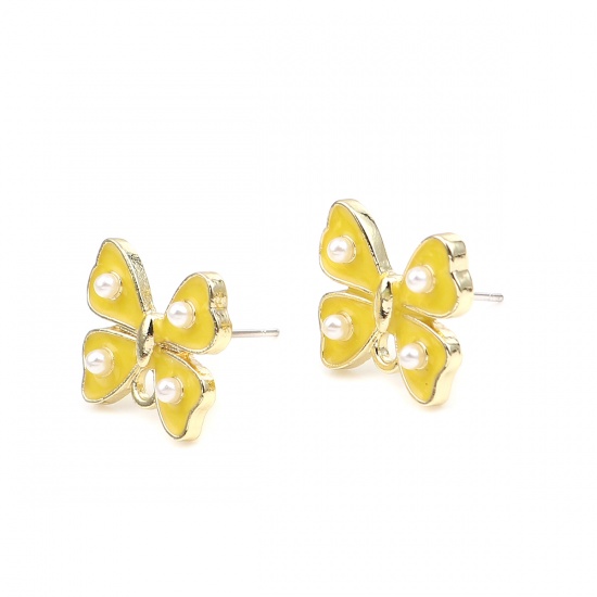 Picture of Zinc Based Alloy Ear Post Stud Earrings Findings Bowknot Gold Plated White & Yellow W/ Loop 17mm x 14mm, Post/ Wire Size: (21 gauge), 4 PCs