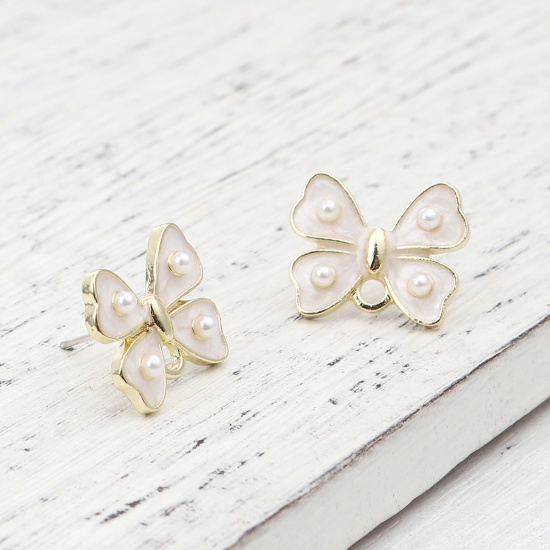 Picture of Zinc Based Alloy Ear Post Stud Earrings Findings Bowknot Gold Plated White W/ Loop 17mm x 14mm, Post/ Wire Size: (21 gauge), 4 PCs