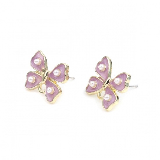 Picture of Zinc Based Alloy & Acrylic Ear Post Stud Earrings Findings Bowknot Gold Plated White & Purple W/ Loop 17mm x 14mm, Post/ Wire Size: (21 gauge), 4 PCs